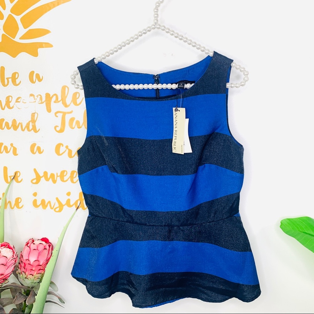 BANANA REPUBLIC Blue Striped Shimmer Peplum Sleeveless Blouse Top Size 6 Petite - Picture 11 of 16